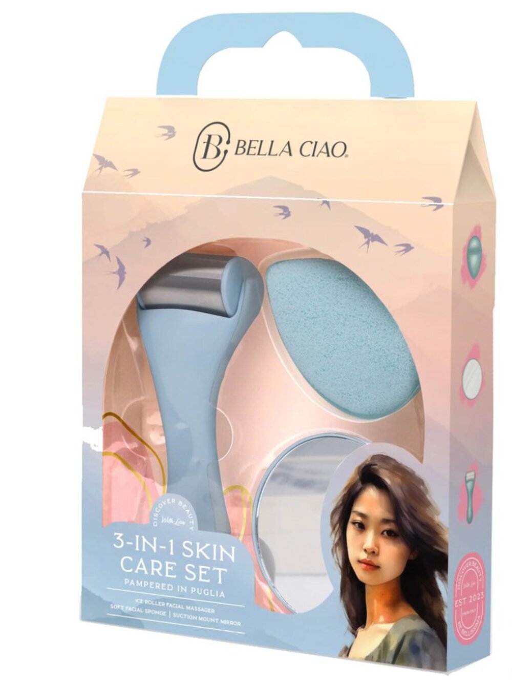 Bella Ciao 3-in-1 Skin Care Set Ice Roller Facial Sponge & Mirror